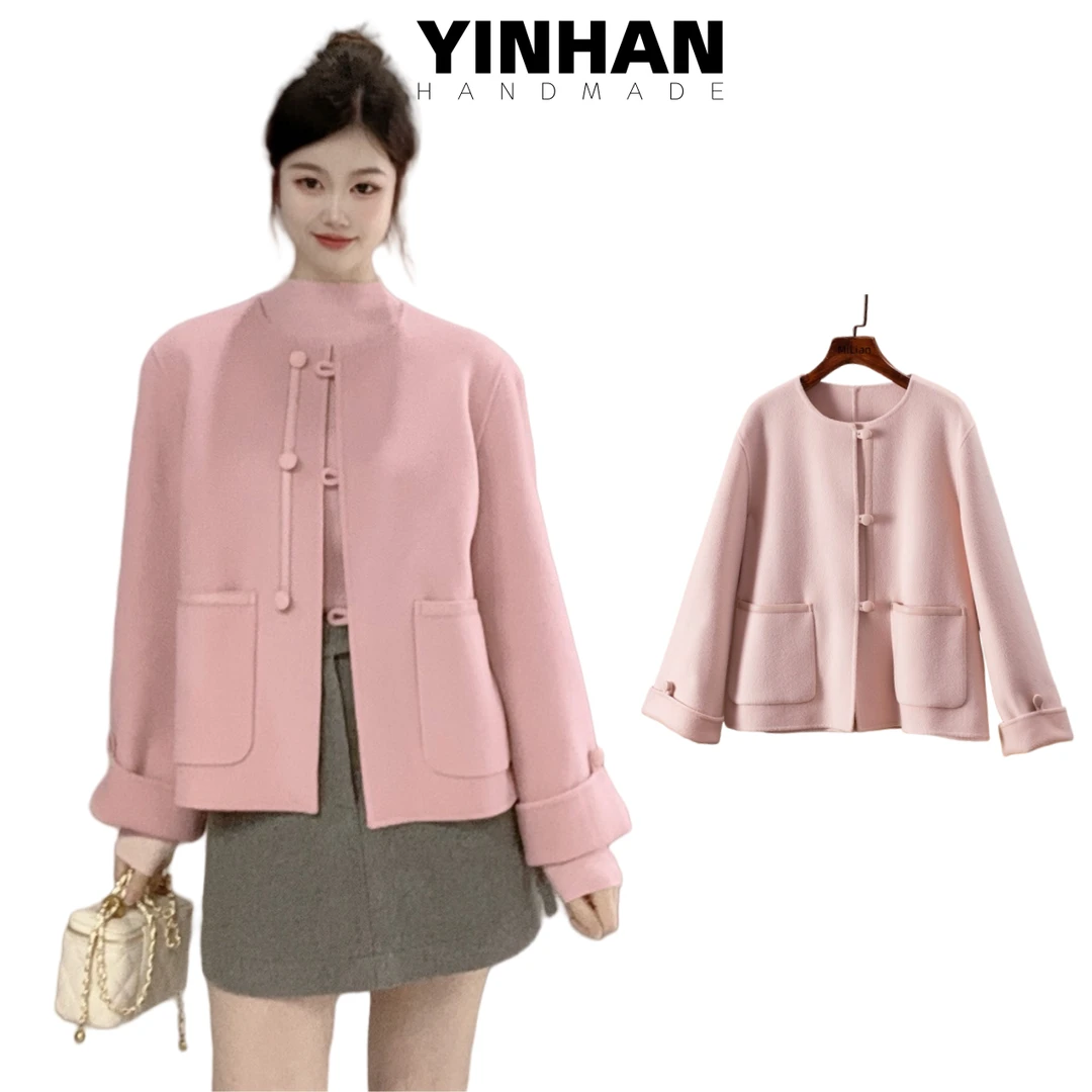 【十里桃花】新中式秋冬气质休闲灰色时尚小个子短款毛呢外套25336