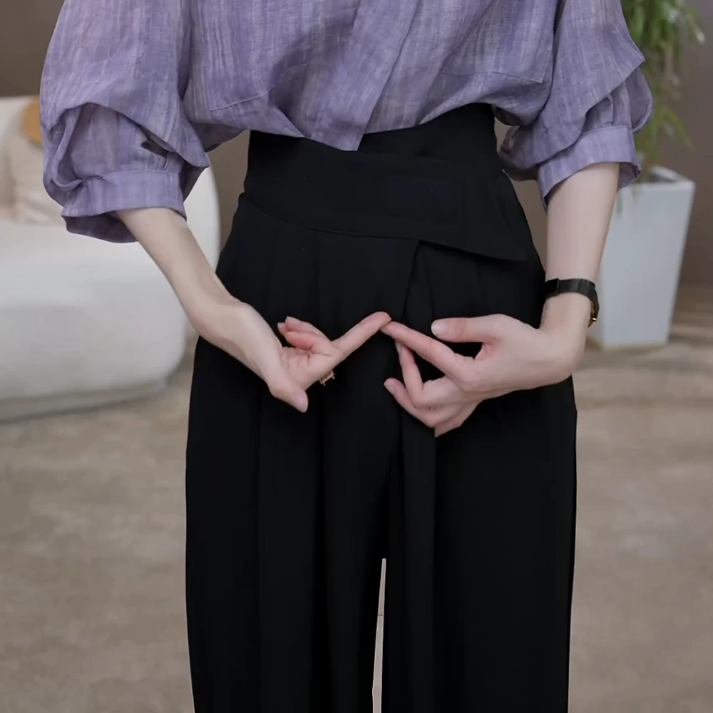 夏季新款高腰显瘦垂感休闲裤女气质百搭长裤黑色女士简约时尚