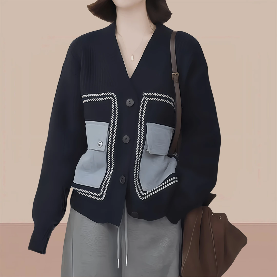 秋季出游服装女保暖棒球服毛衣外套慵懒风口袋拼接复古针织小开衫