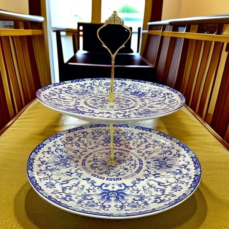 青花花卉缠枝双层陶瓷果盘