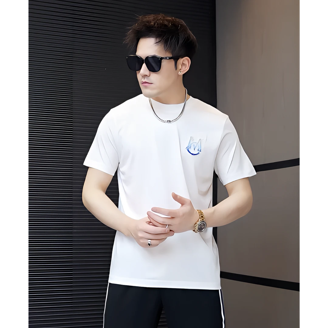 2025夏季男士新款高级刺绣休闲圆领潮流修身短袖t恤潮牌百搭半袖