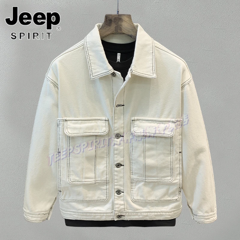 Jeep吉普夹克翻领四季男士潮流纯棉白色宽松牛仔帅气上衣时尚外套