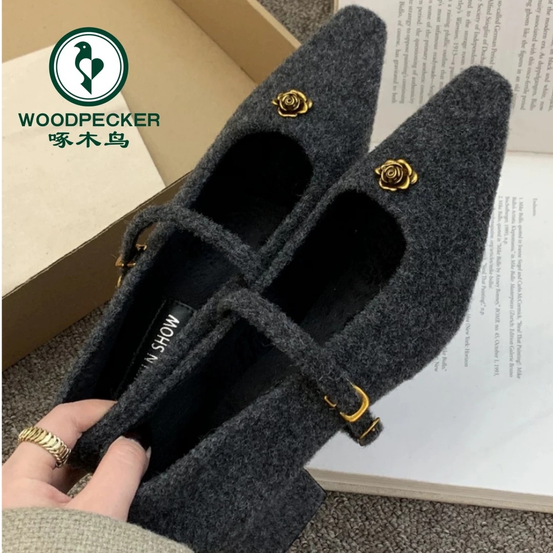 啄木鸟毛毛鞋女外穿新款冬季法式加绒单鞋粗跟玛丽珍高跟鞋加绒鞋