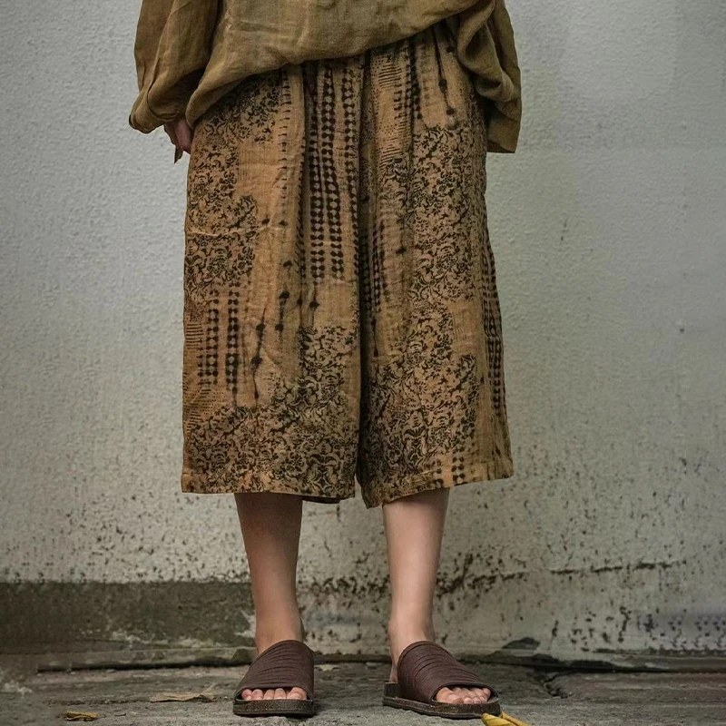 疯子张24夏季新款苎麻印花中裤透气复古宽松短裤#08333