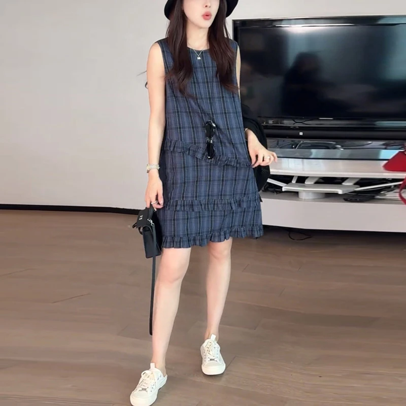 韩系温柔风荷叶边蓝格纹无袖背带裙女春新款设计感宽松显瘦连衣裙