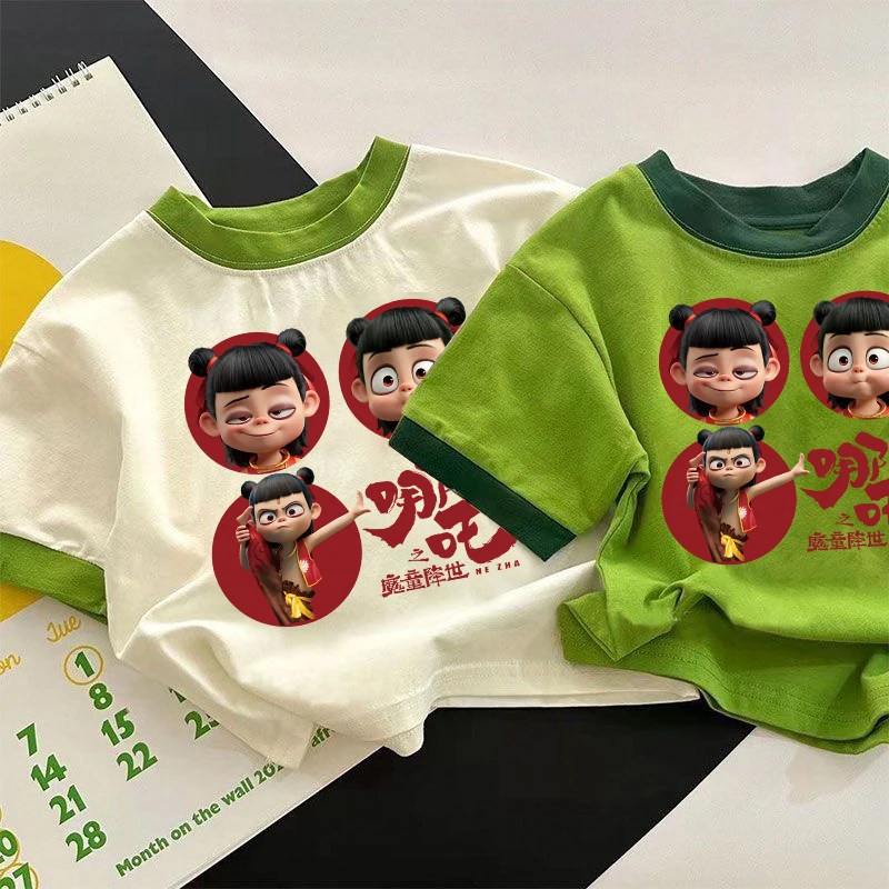 纯棉男女童夏季短袖T恤魔童哪吒拼色卡通圆领休闲上衣儿童衣服衫