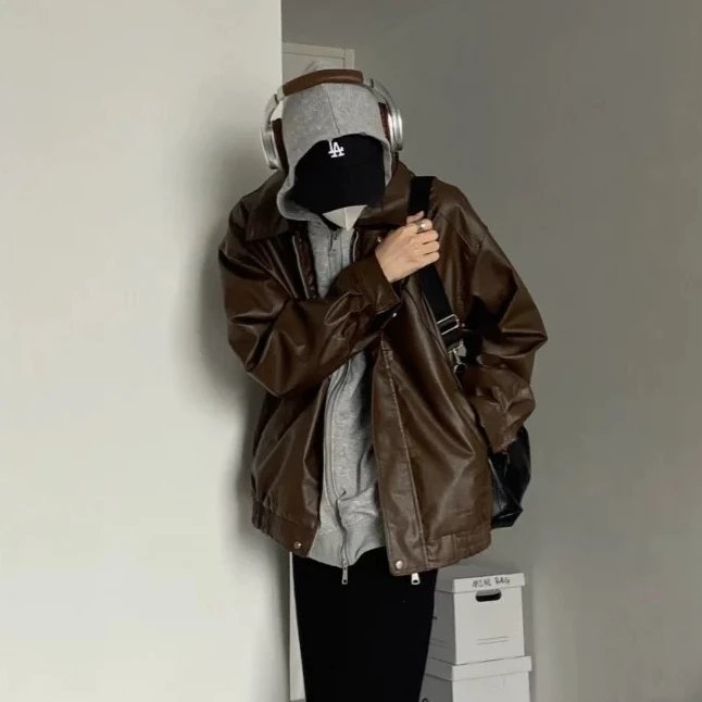 5292美式潮牌秋冬保暖情侣百搭高街纯色翻领皮棉衣