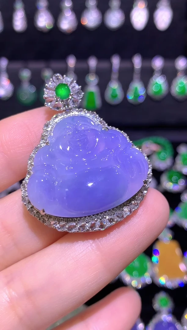 颈饰18K金镶嵌翡翠高冰紫罗兰弥勒佛吊坠毛衣链