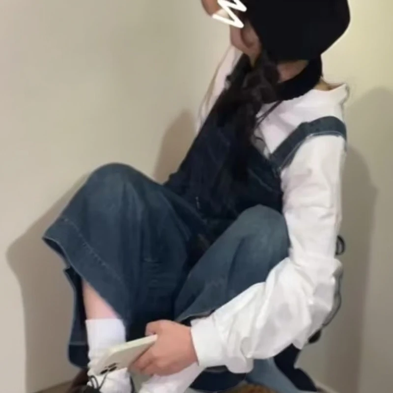 韩版宽松显破洞牛仔背带裤女夏季新款设计感小个子百搭阔腿八分裤