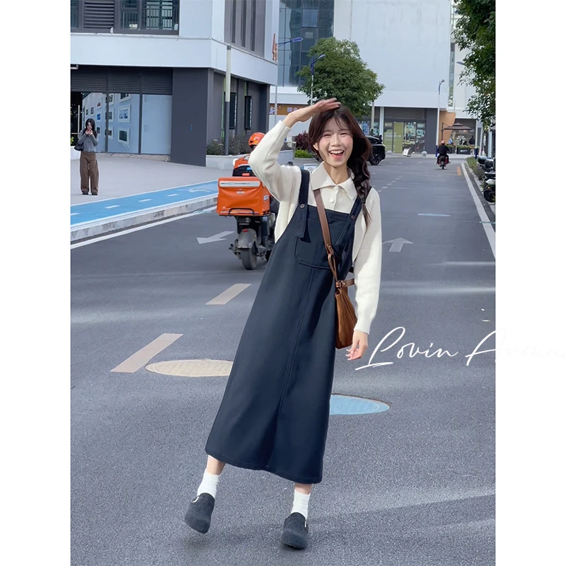 WANZI2-9265藏青色背带裙女宽松显瘦冬季新款连衣裙中长款A字H型