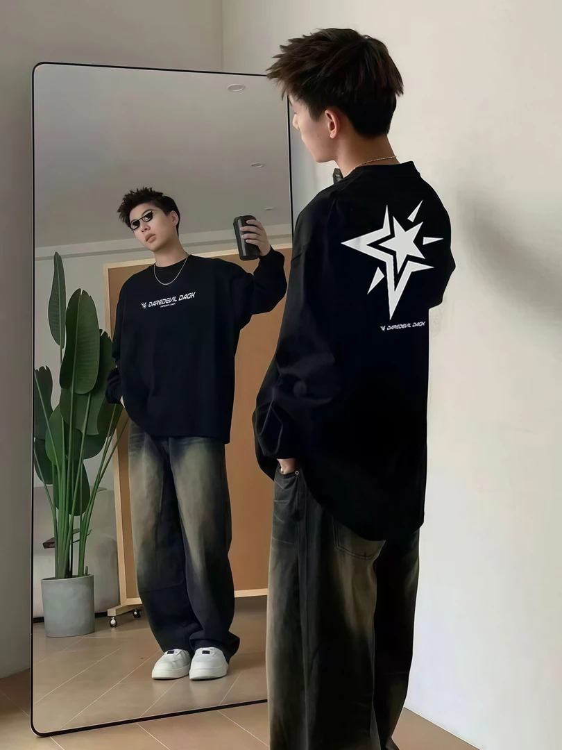 美式重磅纯棉长袖t恤男春秋新款宽松潮牌印花休闲百搭打底衫上衣