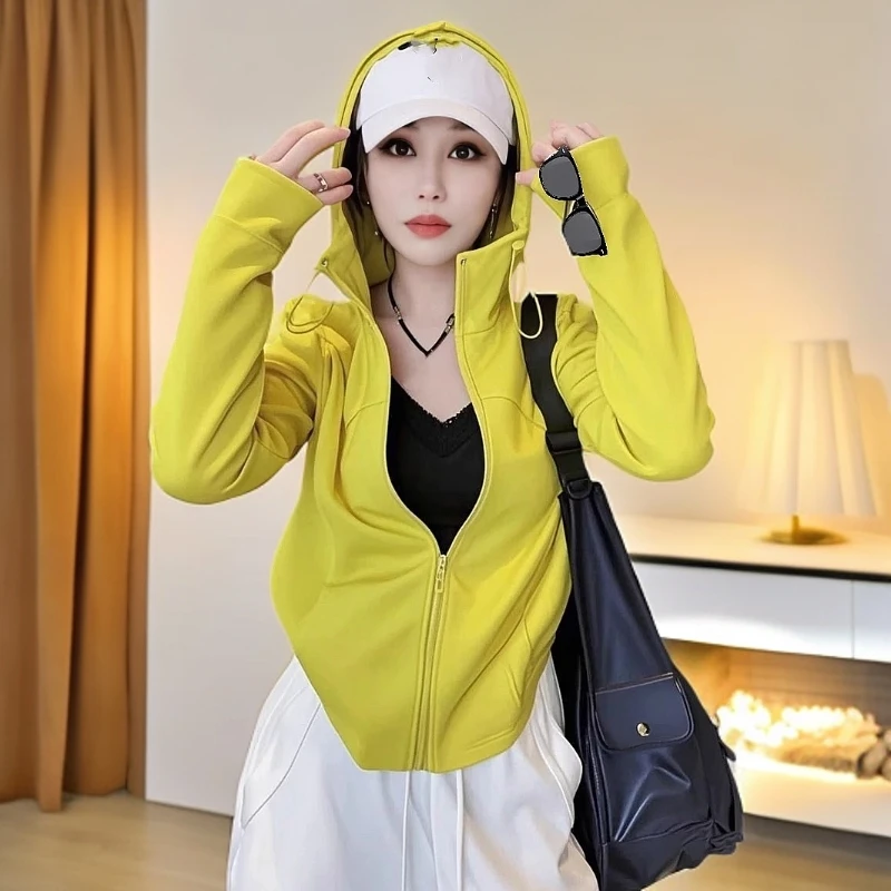 欧货高弹防晒衫外套女夏洋气连帽抽绳拉链户外运动旅游防晒服上衣