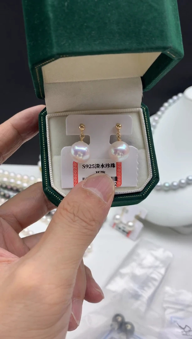 银S925镶嵌FF淡水珍珠白珠耳饰