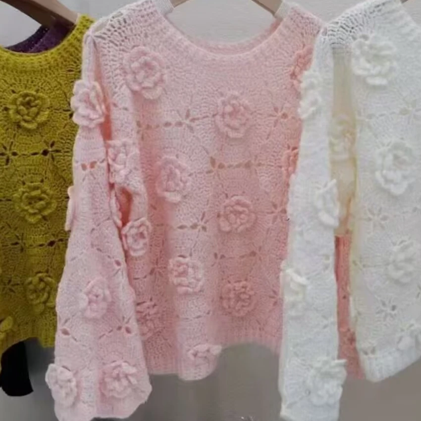 22号 手工镂空钩花气质长袖圆领毛衣