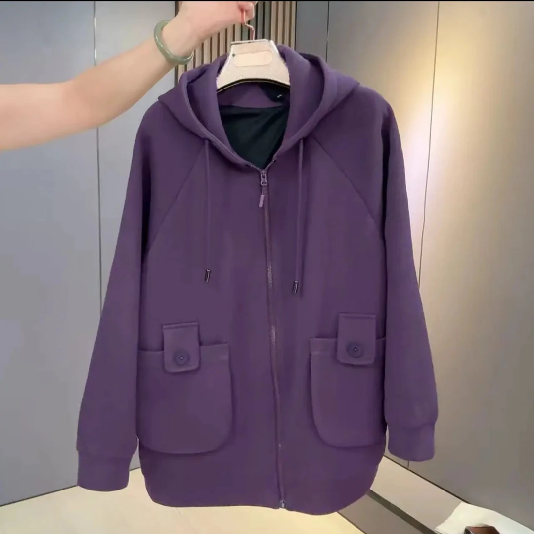 大码连帽拉链运动休闲宽松纯色带兜外套XQD26120