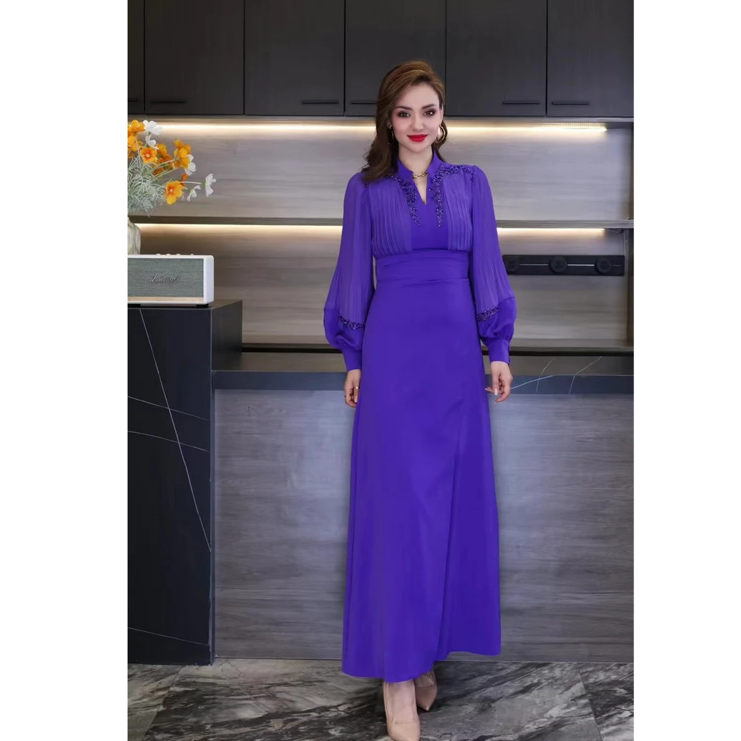 MUBINE 春秋新款高端钉珠轻奢优雅灯笼袖礼服连衣裙 2434（特价）