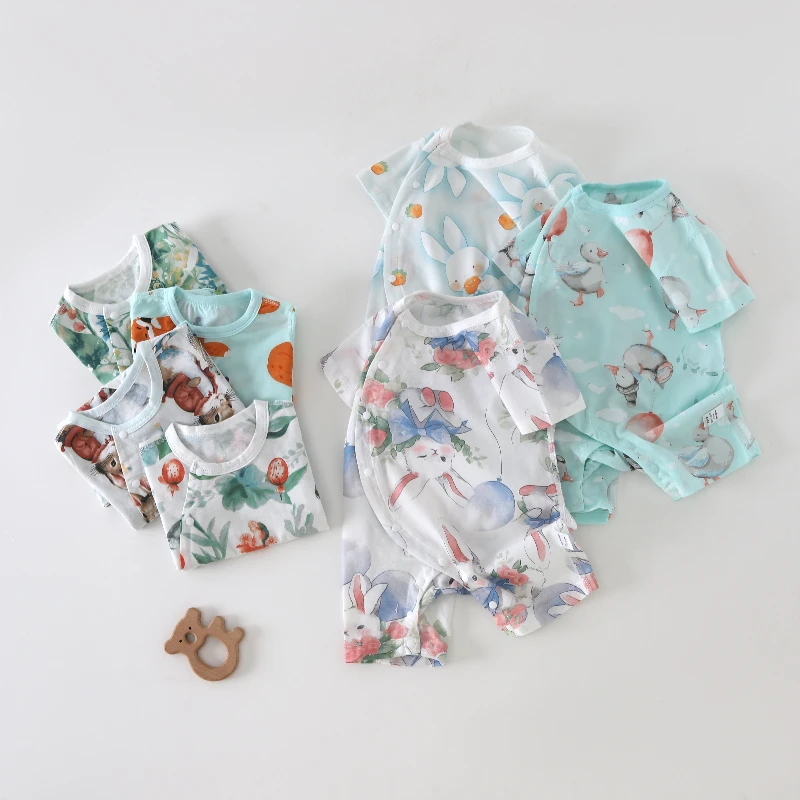 小猪大卫连体汗布偏开短袖满印哈衣