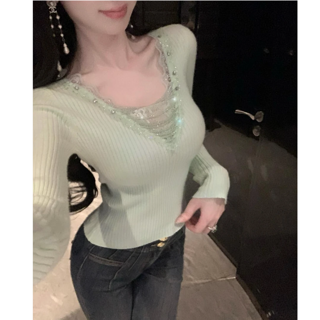 【雅乔定制】星钻闪耀 水晶链条蕾丝花边针织打底上衣DYCC-25108421