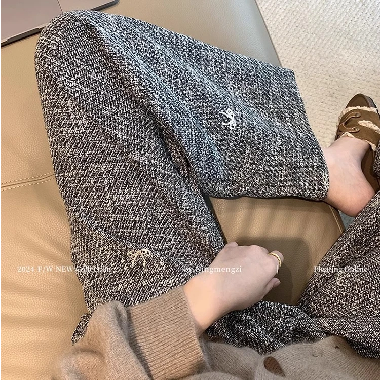 新款小香风薄款刺绣蝴蝶结编织高级显瘦休闲阔腿裤