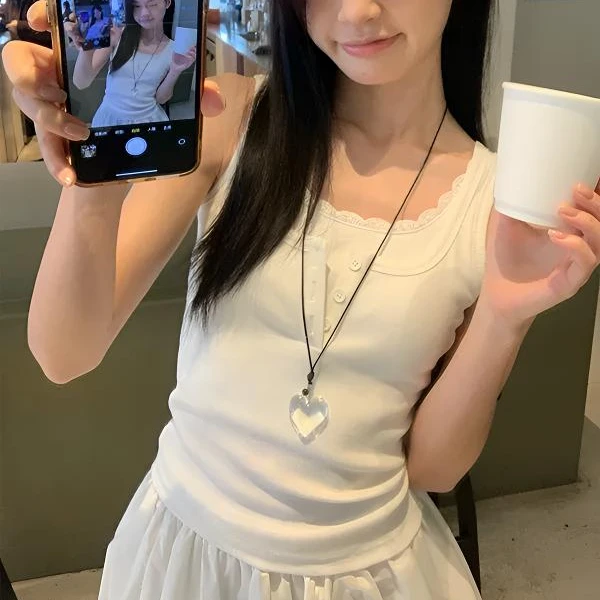 夏季新款纯欲蕾丝花边假两件工字背心吊带女百搭辣妹无袖上衣女