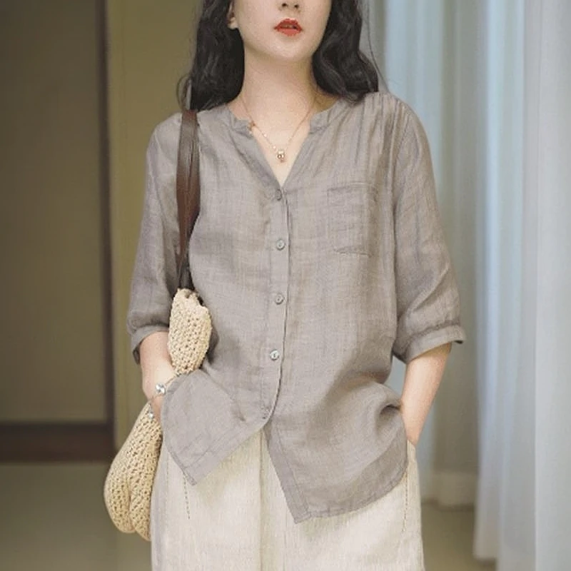 居幻高端上衣女2025休闲高级感夏季轻奢潮流百搭轻薄亚麻短袖衬衫