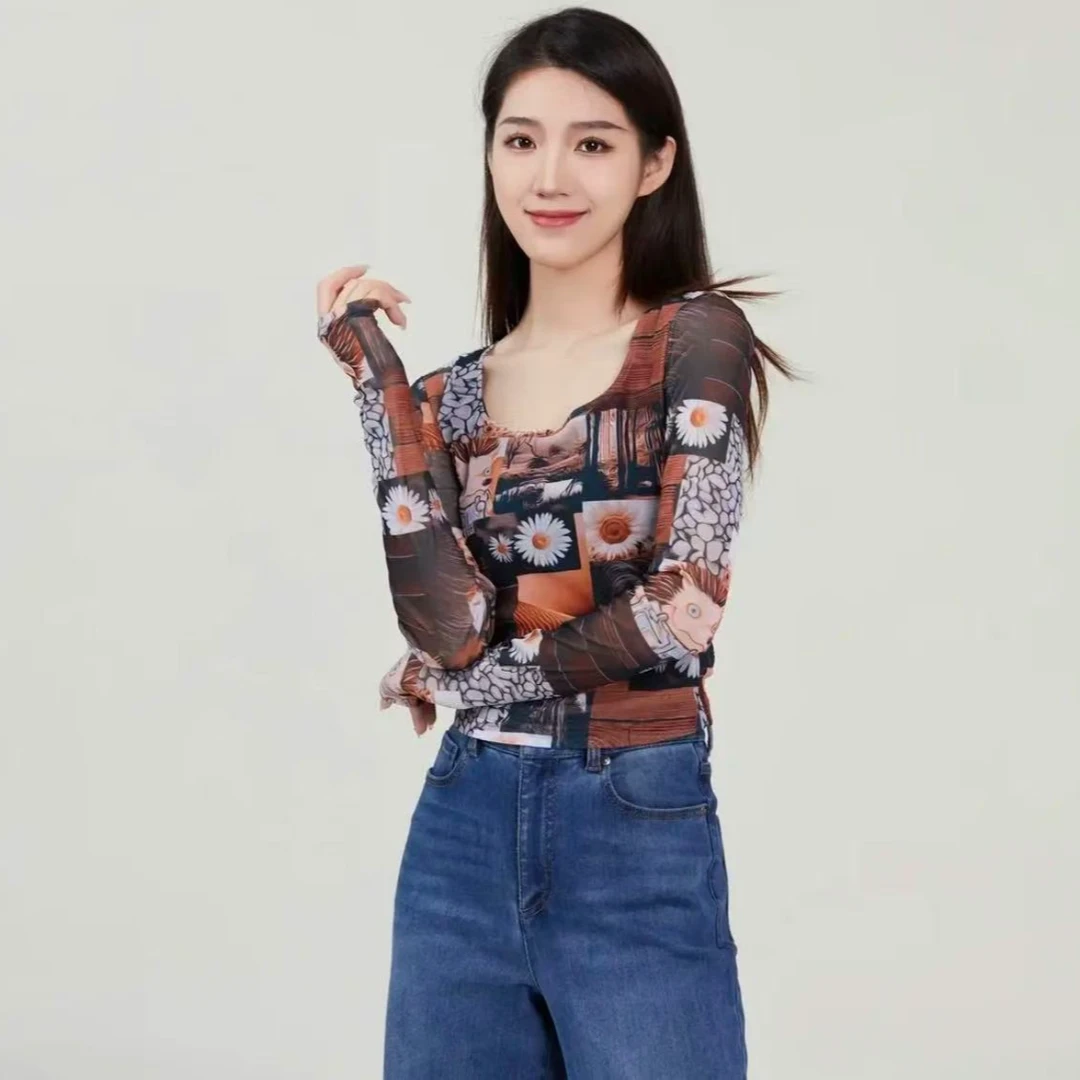 AMASS/阿玛施新款大U型时尚气质百搭复古印花修身长袖5300927