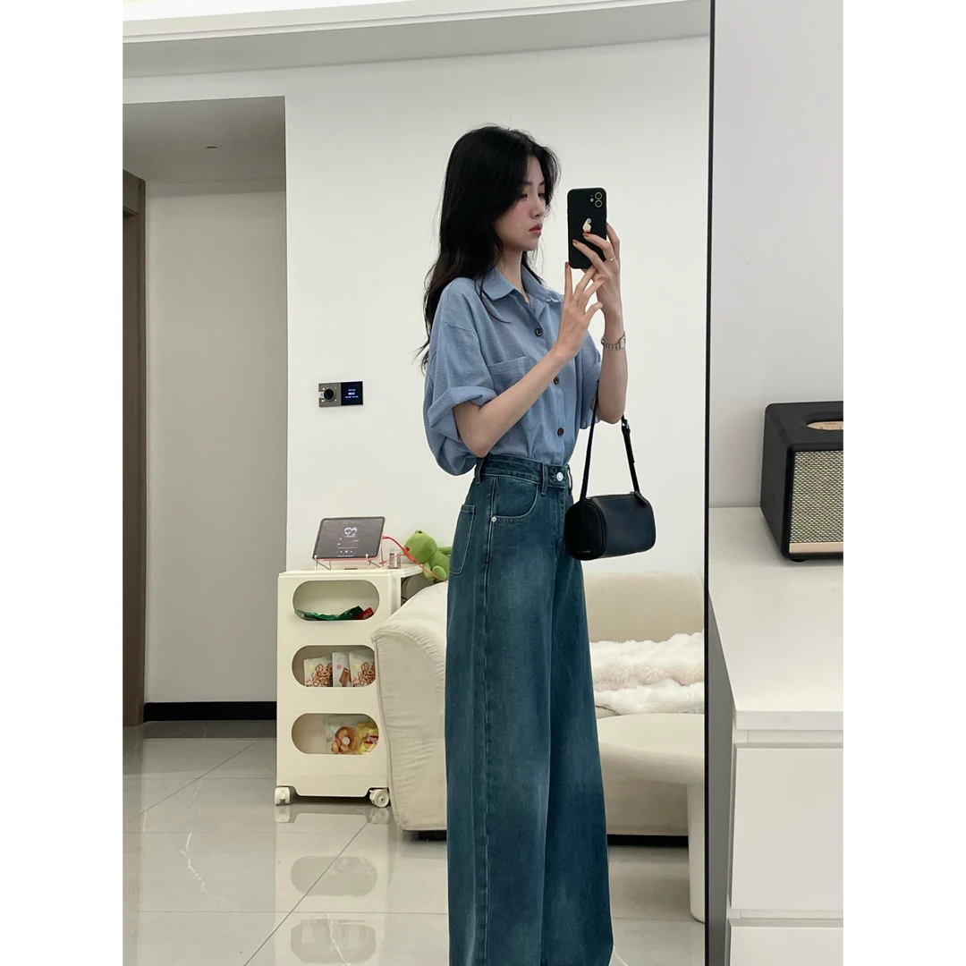 2025夏季韩系穿搭一整套宽松显瘦通勤条纹衬衫女阔腿牛仔裤两件套