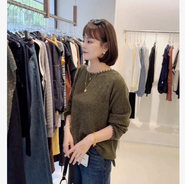 秋季设计感毛边领口细闪亮片宽松软糯针织长袖