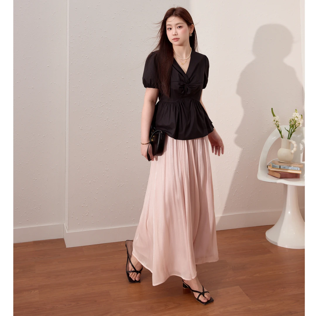 蓝语大码女装设计感短袖小衫显瘦仙气半身裙夏季遮肉套装09280