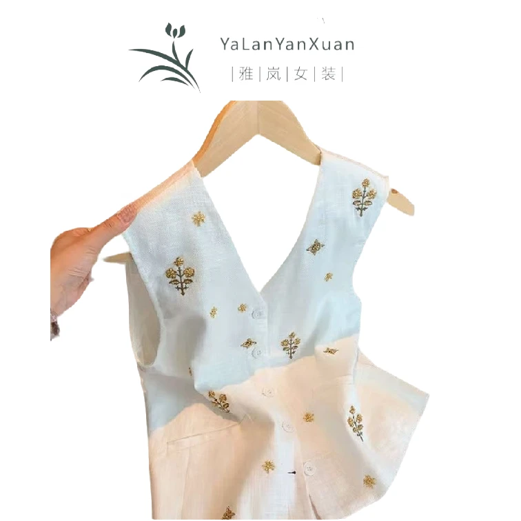 【雅岚女装】时尚洋气显瘦高级感重工刺绣白色亚麻无袖马夏季新款