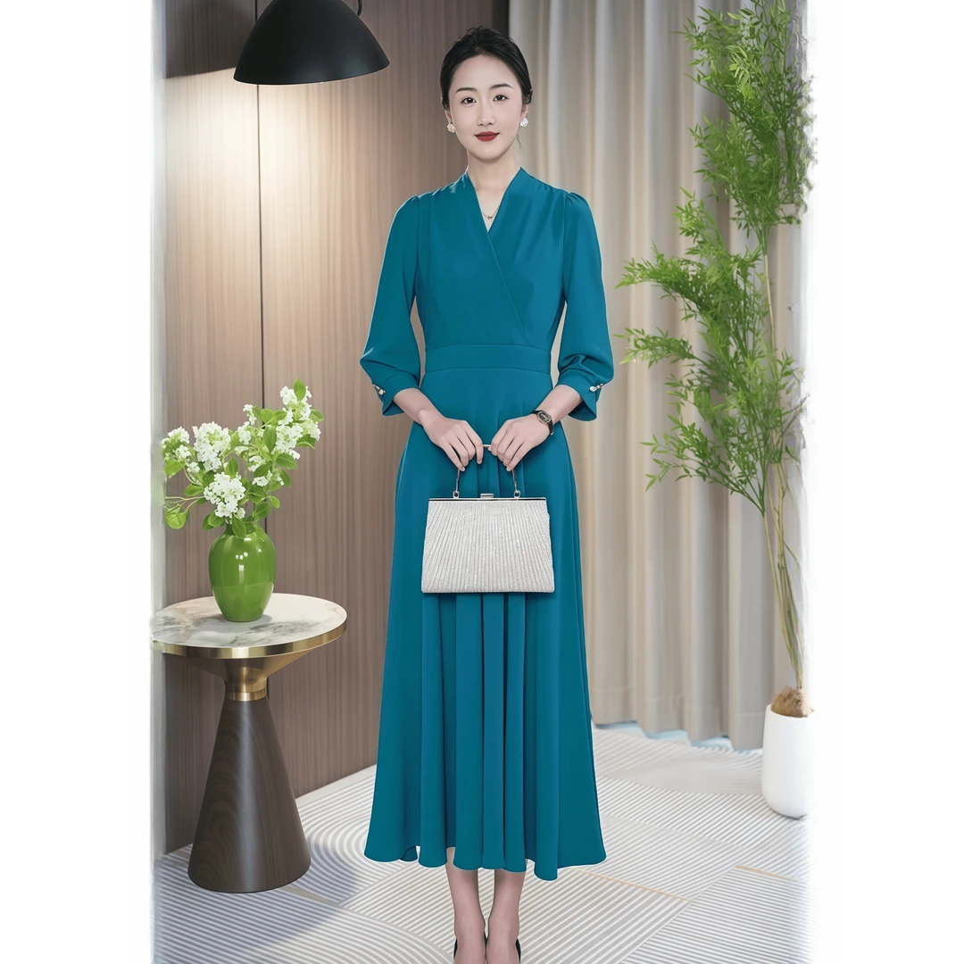 2025夏季新款五分袖孔雀蓝收腰放摆显瘦遮肉连衣裙