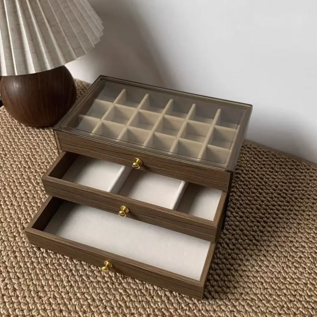 高档胡桃木纹多层项链手链戒指耳钉耳环饰品收纳木质首饰盒G246