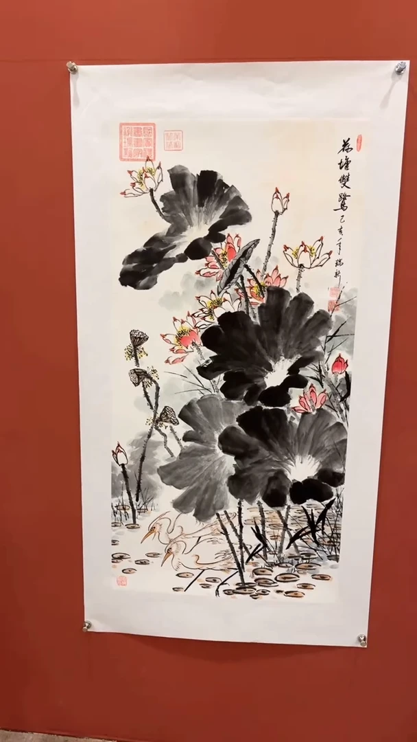 国画谢瑞新老师作品 荷塘双鹭