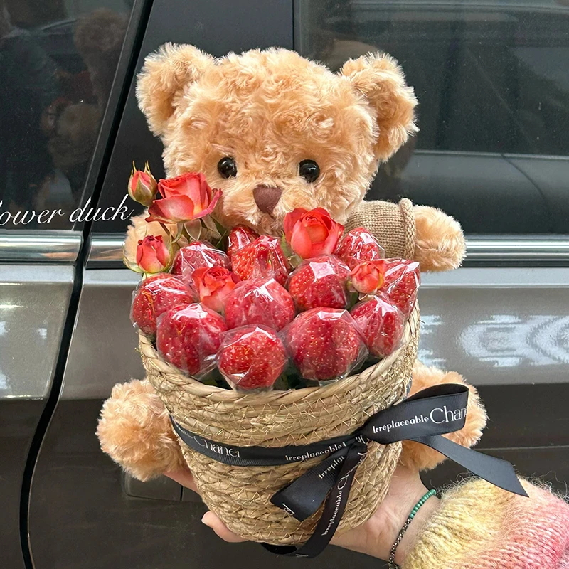 【泰迪草莓】12颗草莓小熊花束抱抱桶水果鲜花/生日鲜花礼物鲜花附近鲜花店送花上门