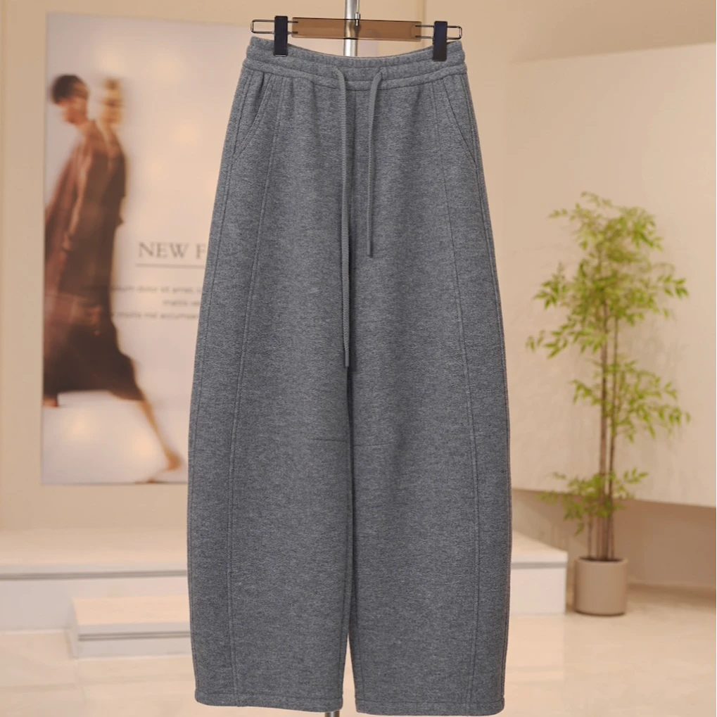 拉夏贝尔灰色休闲弯刀裤女冬季2025新款加绒显瘦直筒阔腿香蕉卫裤