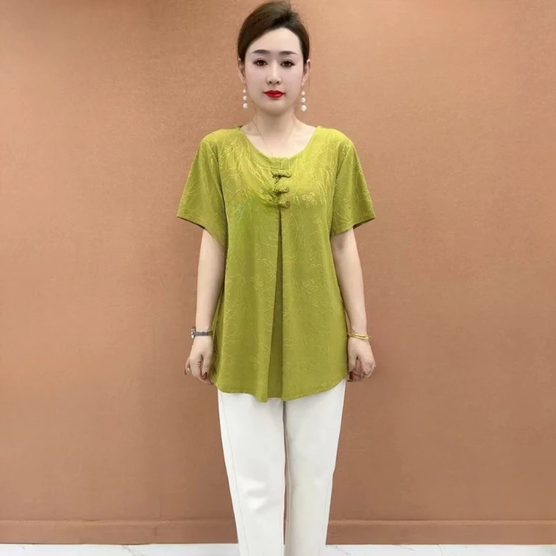夏季休闲宽松遮肚妈妈装纯色短袖大码中长款中老年小衫气质上衣