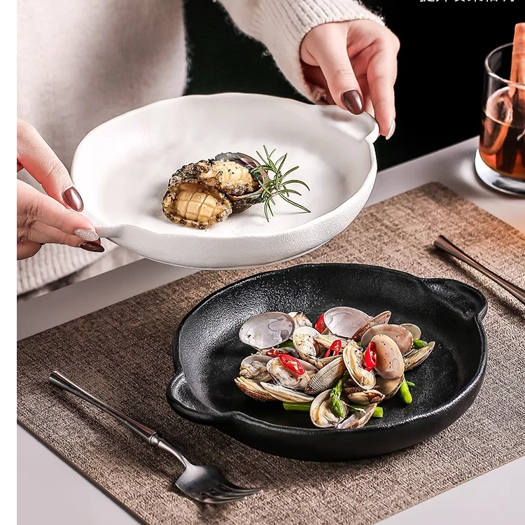 日式盘子菜盘家用双耳牛排盘西餐餐盘高级感汤盘意面盘早餐沙拉盘