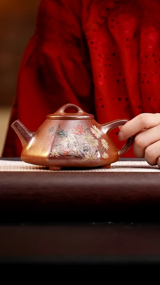 茶杯紫砂柴烧桃花泥六方石瓢300cc