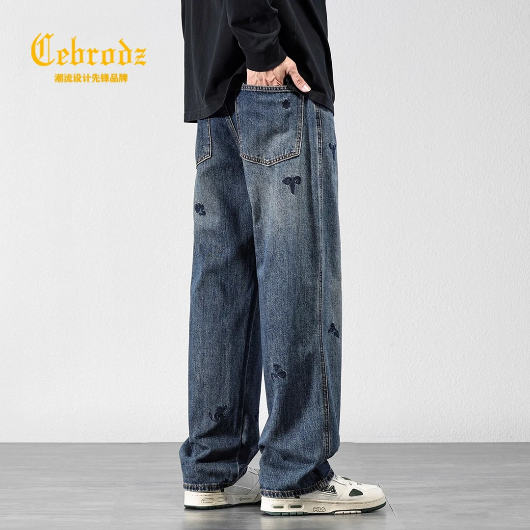 法国Cebrodz美式复古刺绣牛仔裤男潮牌休闲宽松直筒阔腿长裤潮