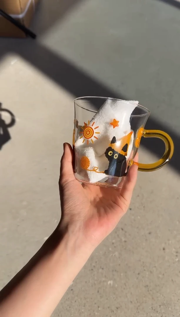 瓷片魔法喵黄色高硼硅杯400ml