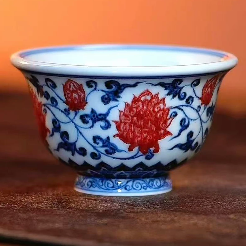 【峰良窑】青花釉里红缠枝压手杯