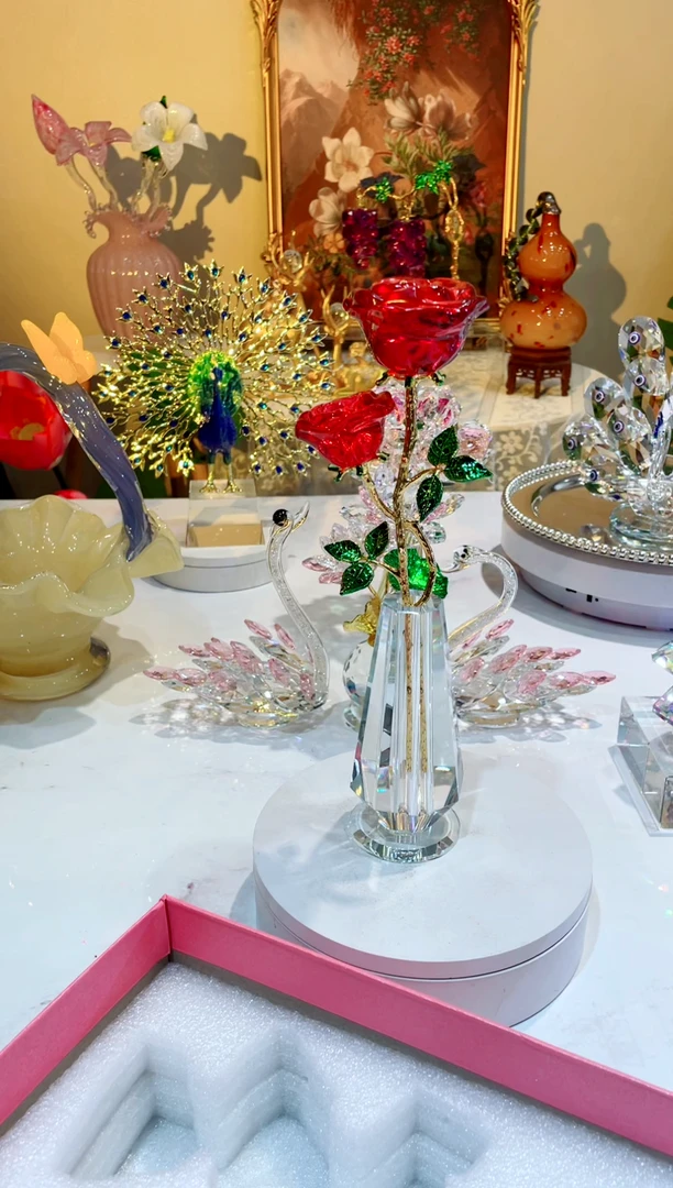 琉璃手工艺品  双头玫瑰花+水晶花瓶