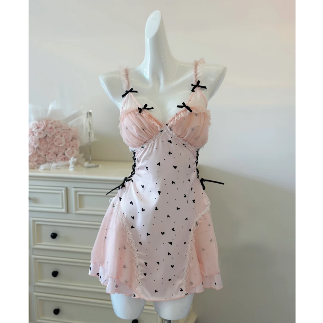 法式甜美带胸垫蕾丝吊带睡裙女纯欲蕾丝镂空收腰显瘦睡衣女