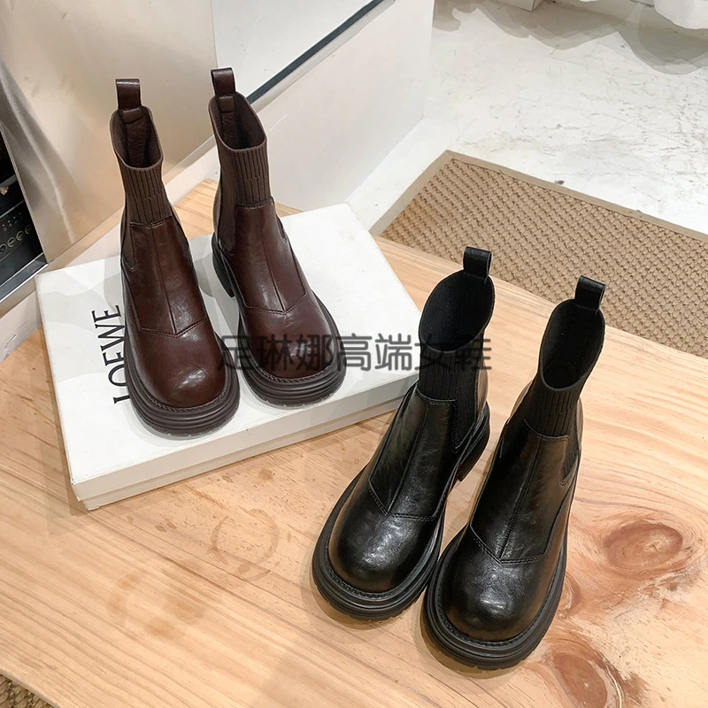 小个子内增高短靴秋冬加绒水洗牛皮一脚蹬马丁靴针织弹力瘦瘦袜靴