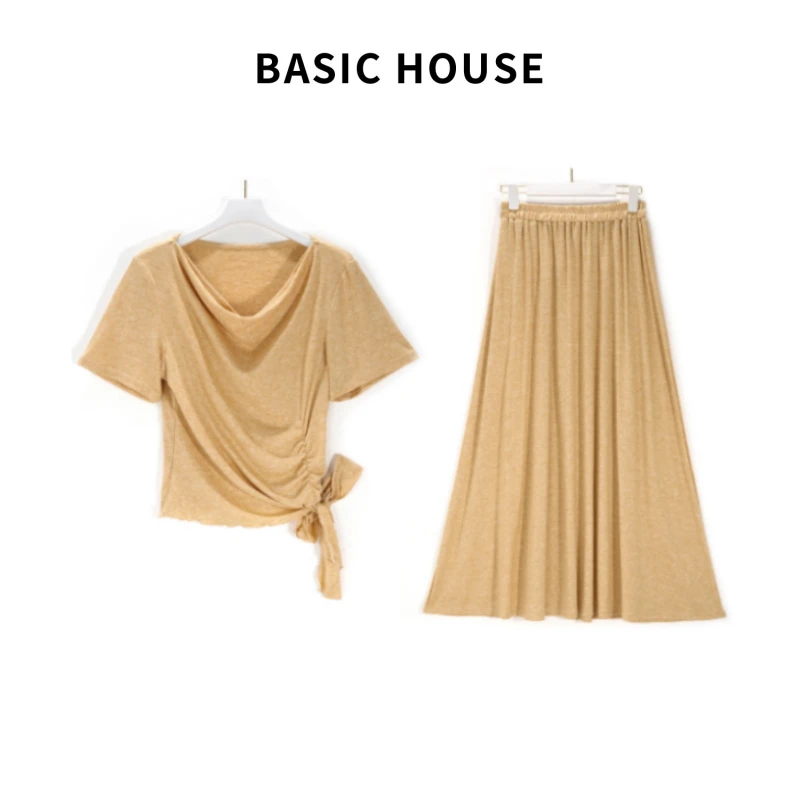 Basic House/百家好CSM慵懒风荡领短袖系带上衣垂感半身裙女套装