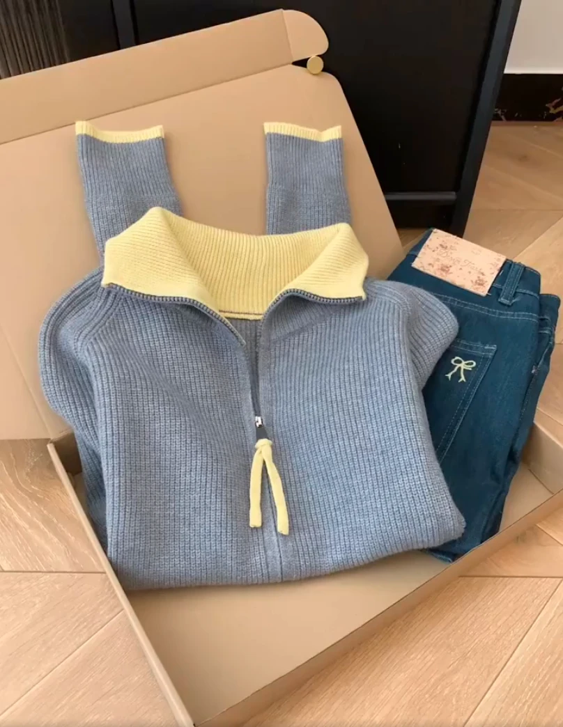 韩版休闲时尚复古双拉链翻领针织开衫女秋新款长袖通勤百搭上衣