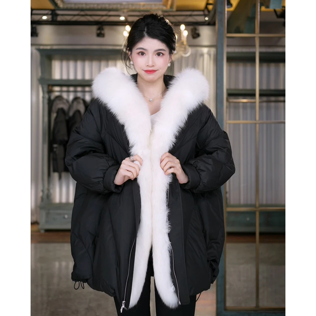 【PLUS御寒】狐狸毛可脱卸连帽气质保暖拉链时尚轻奢中长款外套女