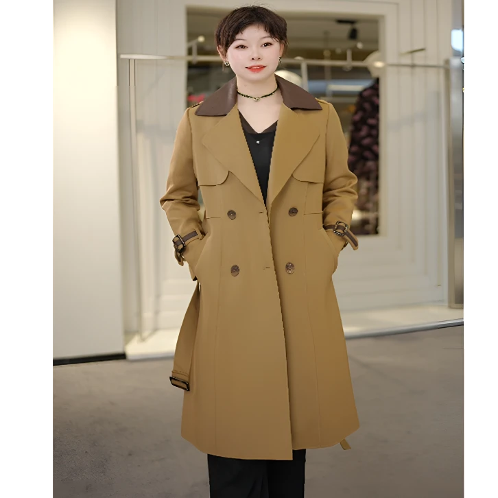 秋款系带中长款女素色翻驳双排扣英伦风空气层风衣24A809