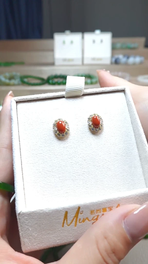 南红玛瑙银S925镶嵌耳钉南红