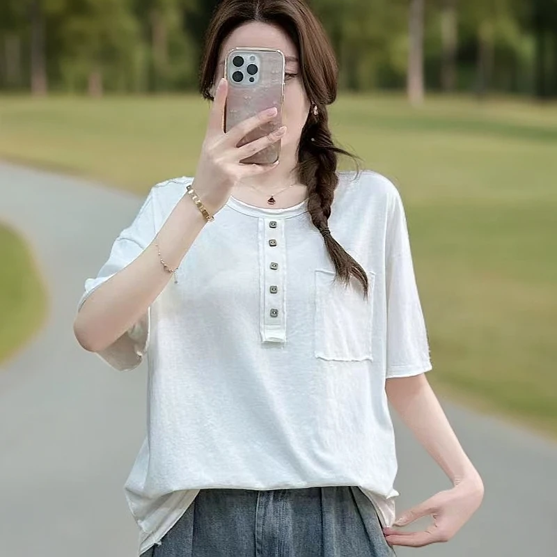 短袖宽松口袋针织圆领简约设计感气质打底T恤文艺